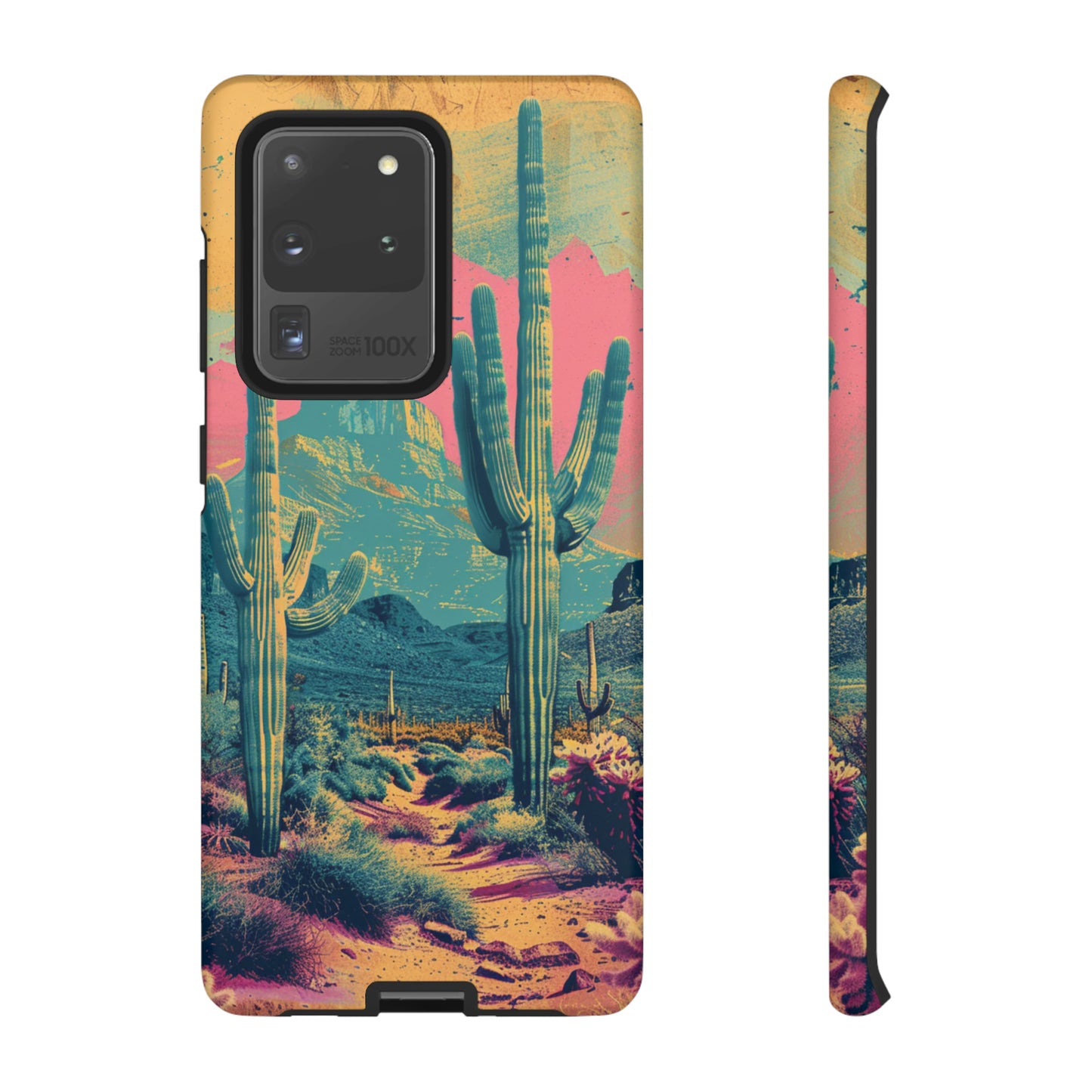 Desert Oasis Retro Cactus Phone Case - Vibrant Sunset Landscape for iPhone 15/14/13/12, Samsung S24/S23/S22/S21, & Google Pixel