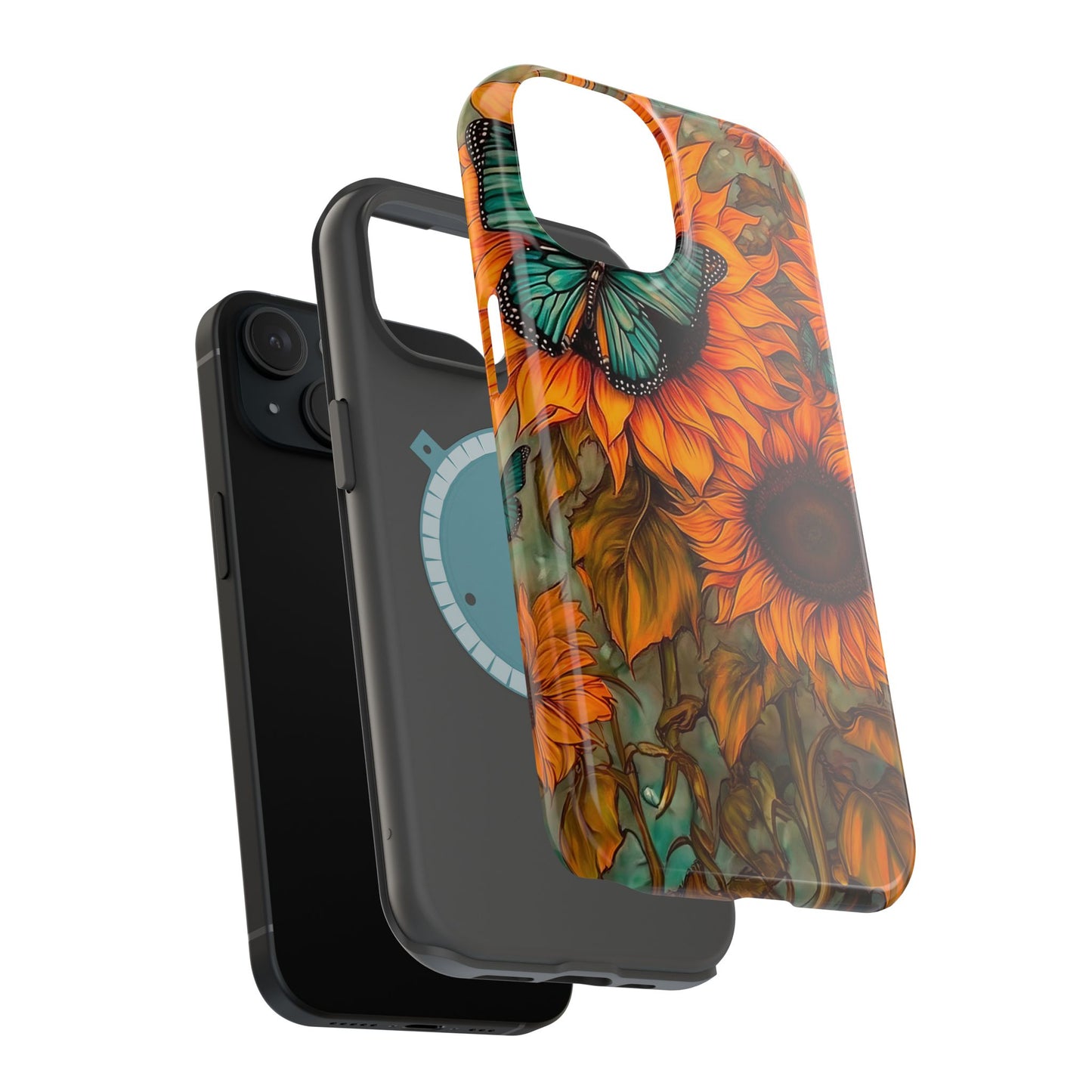 Vintage Blue Butterfly & Sunflower Art – MagSafe iPhone Case