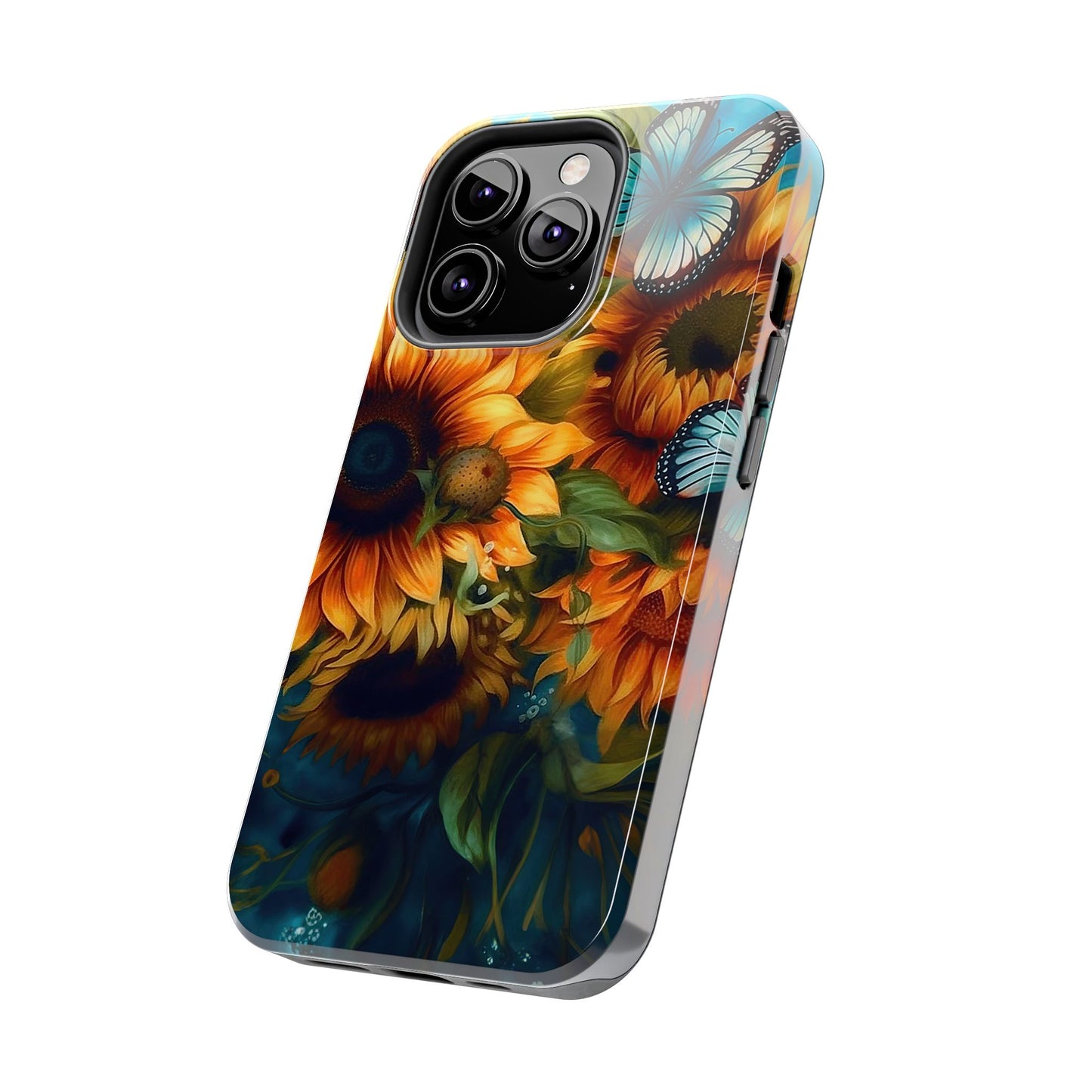 Aqua Blue Butterfly & Sunflower Art – iPhone Case