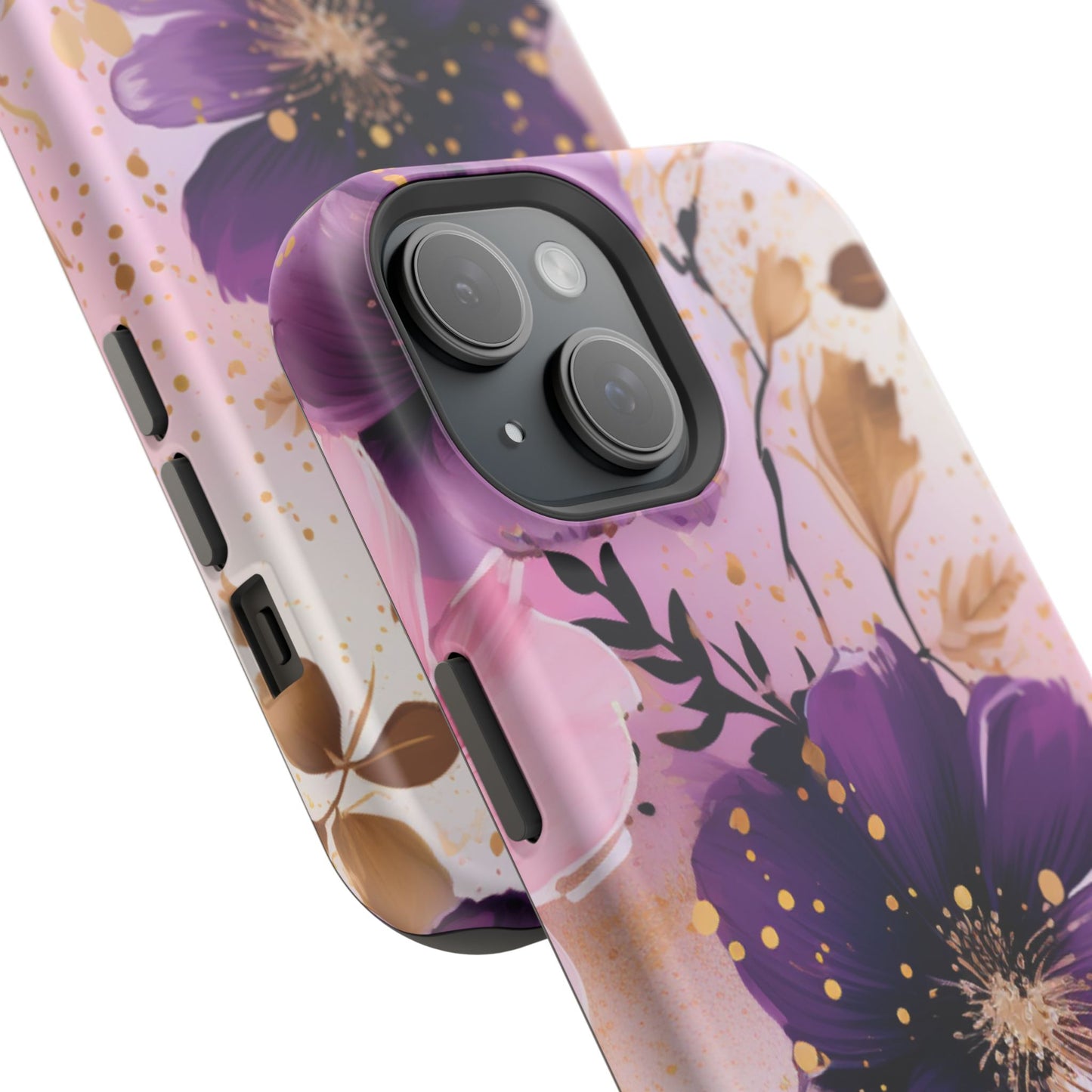 Elegant Purple & Gold Floral MagSafe iPhone Case - Luxe Flower Design