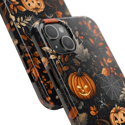 Elegant Halloween iPhone Case – Pumpkin Jack-o'-Lanterns, Cobwebs & Autumn Foliage Design