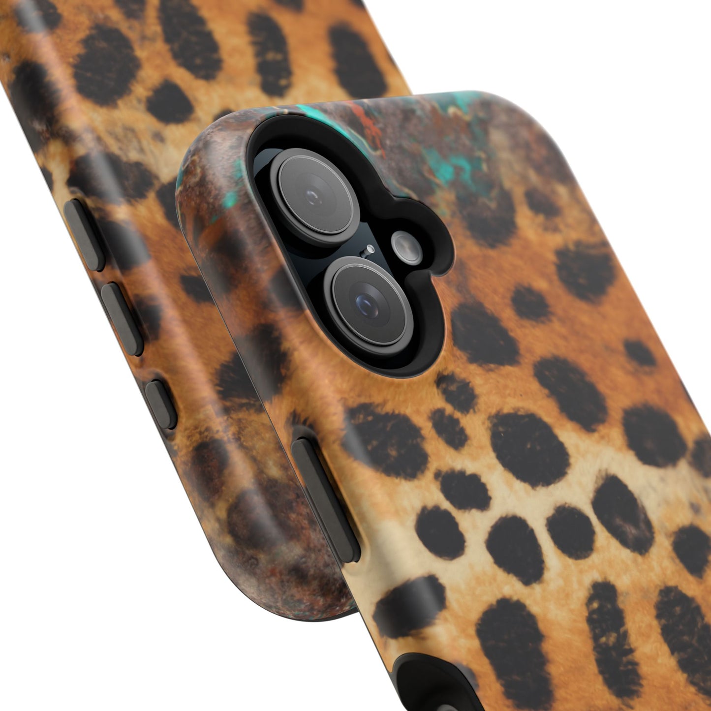 Rustic Leopard Print Tough MagSafe iPhone Case – Distressed Turquoise and Animal Pattern with Dual-Layer Protection