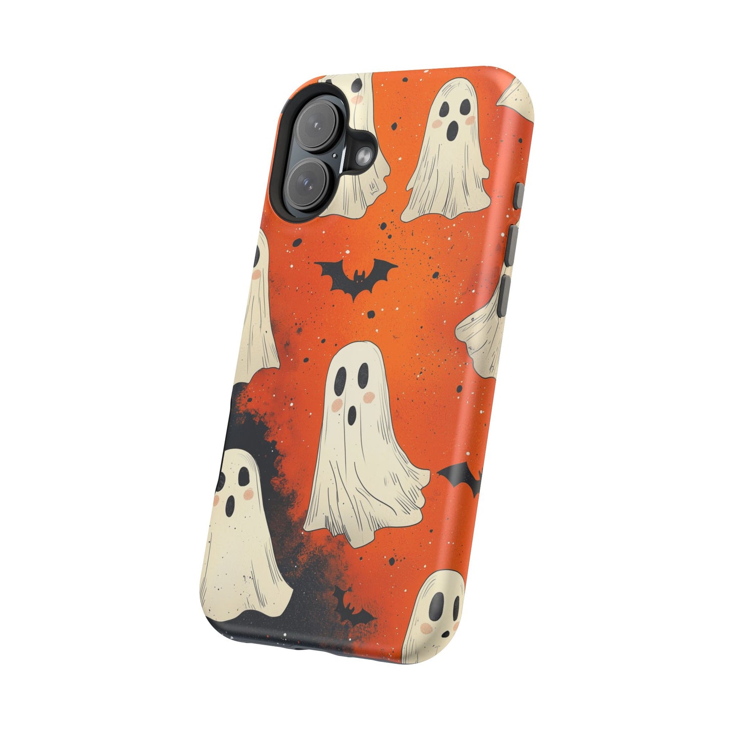 Spooky Ghosts & Bats  MagSafe iPhone Case – Vibrant Orange Halloween Design