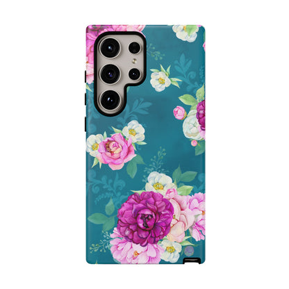 Elegant Peony Bouquet Samsung Galaxy Case – Deep Teal Background with Romantic Floral Design