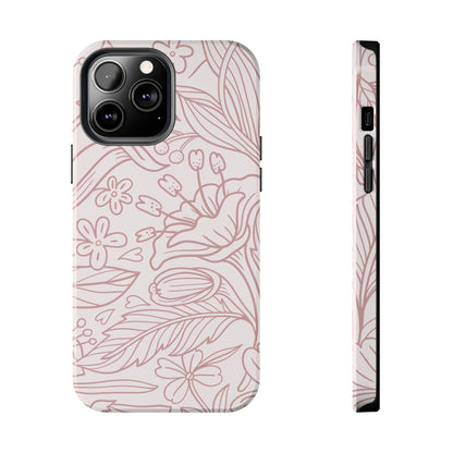 Blush Floral Line Art Tough iPhone Case – Delicate Minimalist Design with Dual-Layer Protection