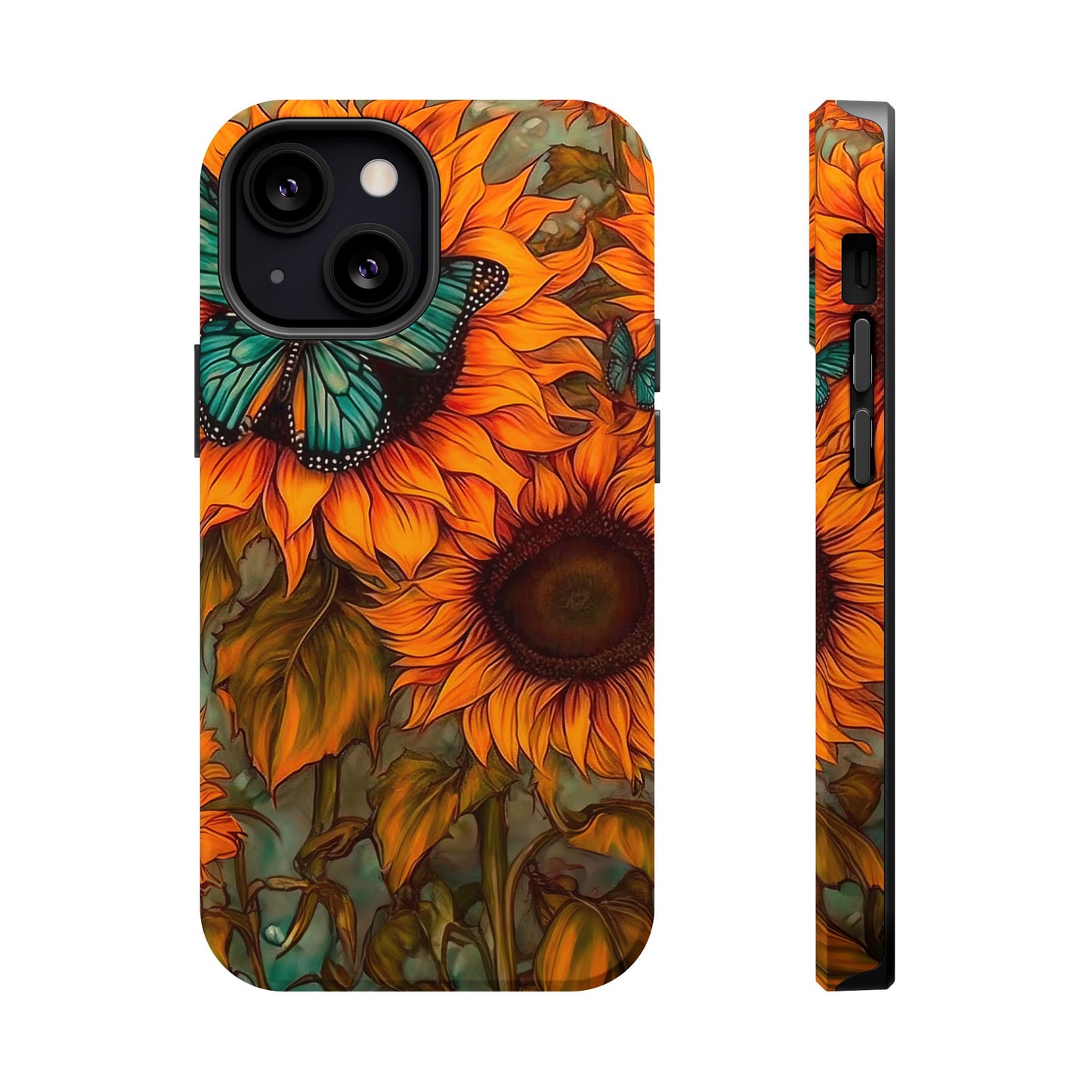 Vintage Blue Butterfly & Sunflower Art – MagSafe iPhone Case