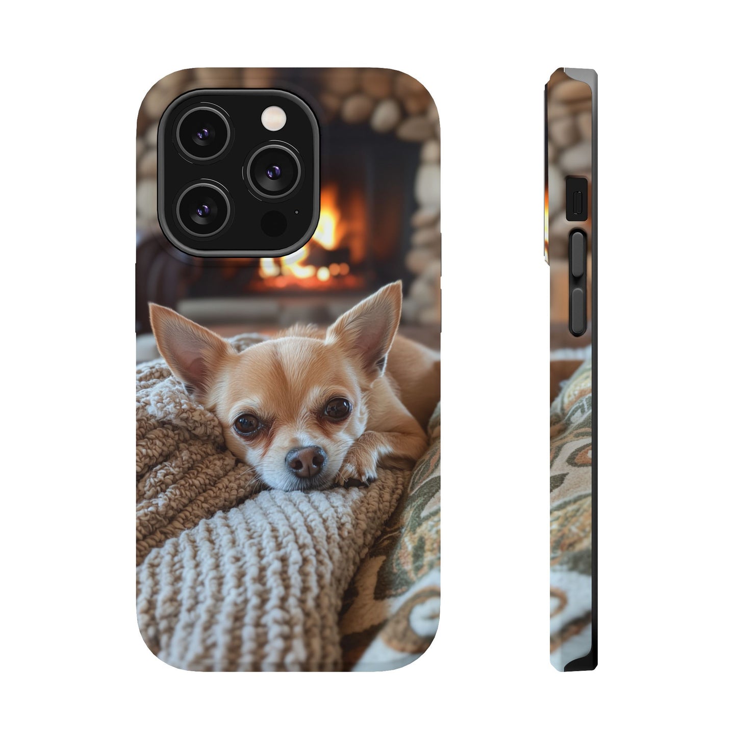 Relaxing Chihuahua by Fireplace MagSafe iPhone Case – Functional and Cozy Design