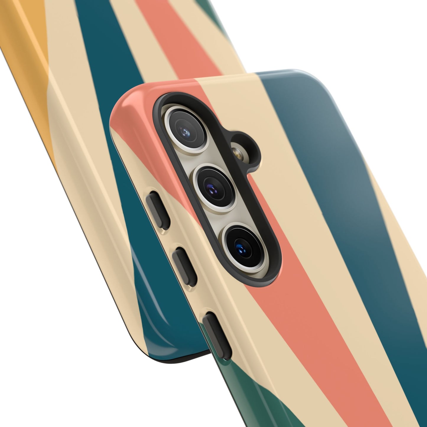 Retro Sunbeam Samsung Galaxy Case – 70s-Inspired Radiating Stripes in Coral, Teal, and Mustard