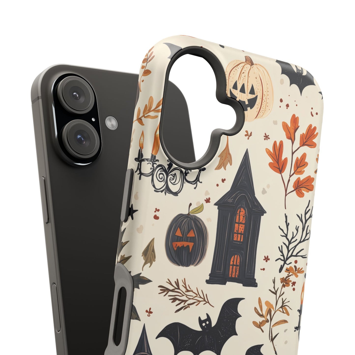 Haunted Halloween MagSafe iPhone Case – Haunted House, Bats, and Pumpkins Design