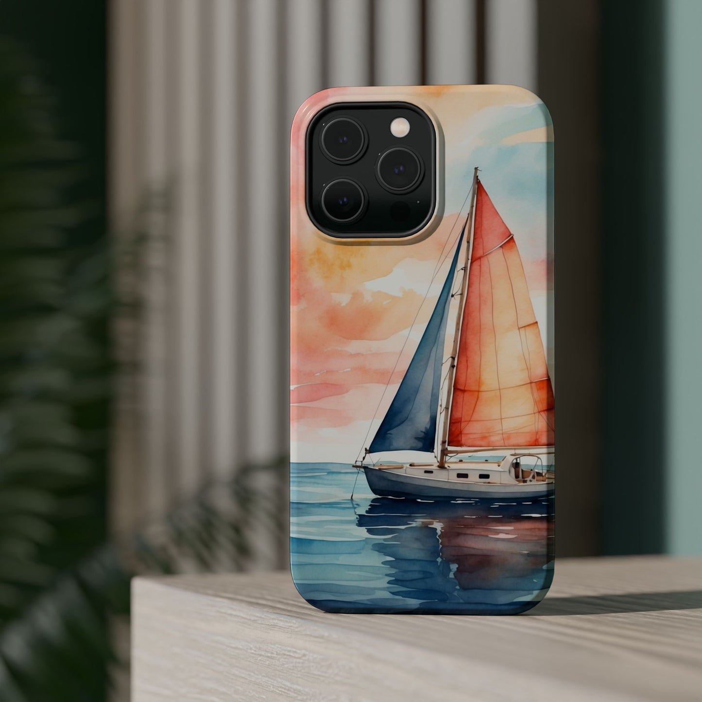 Sunset Sail MagSafe iPhone Case – Watercolor Sailboat and Sky Design