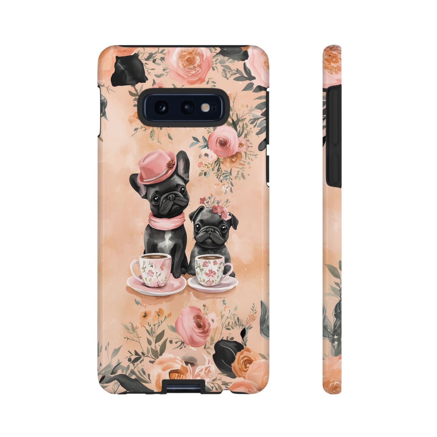 Floral French Bulldogs Samsung Galaxy Case – Elegant Dog Design with Tea Cups & Roses, Shockproof Protection - BOGO Cases