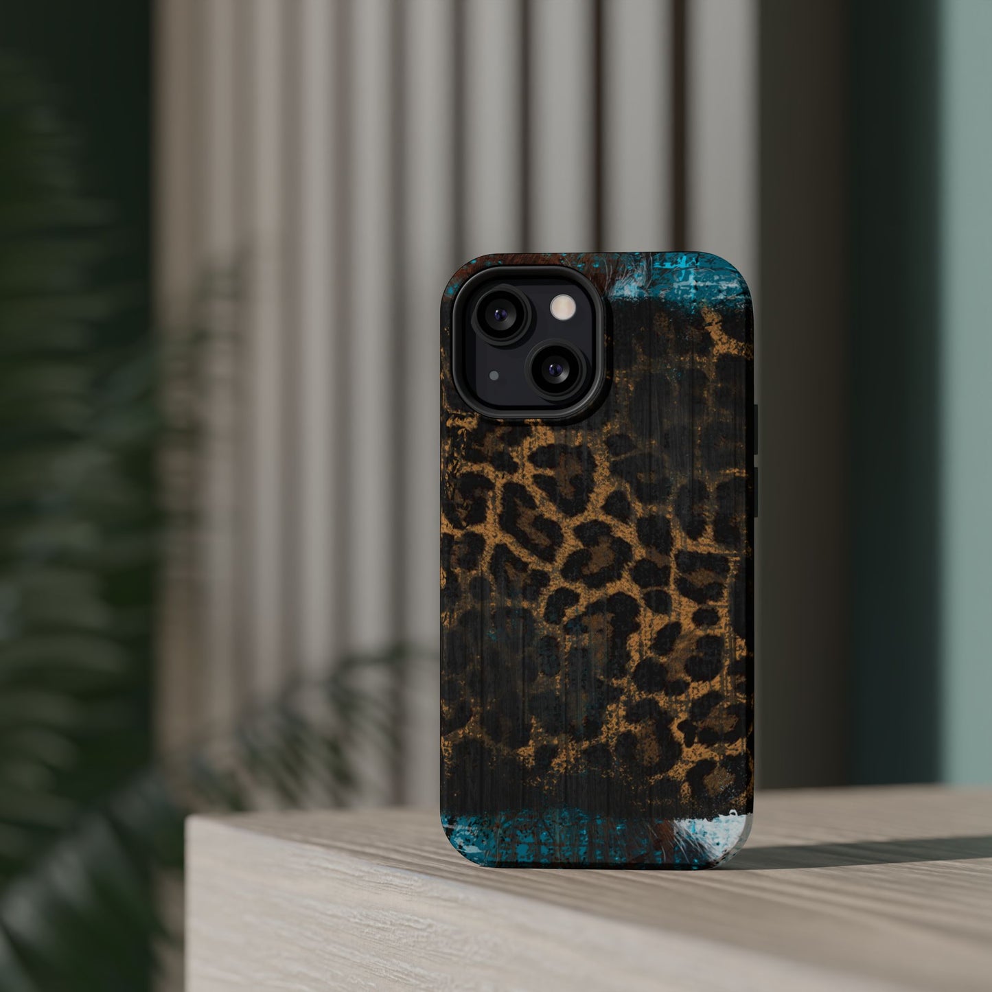 Boho Leopard and Turquoise Tough MagSafe iPhone Case – Rustic Western Design with Dual-Layer Protection