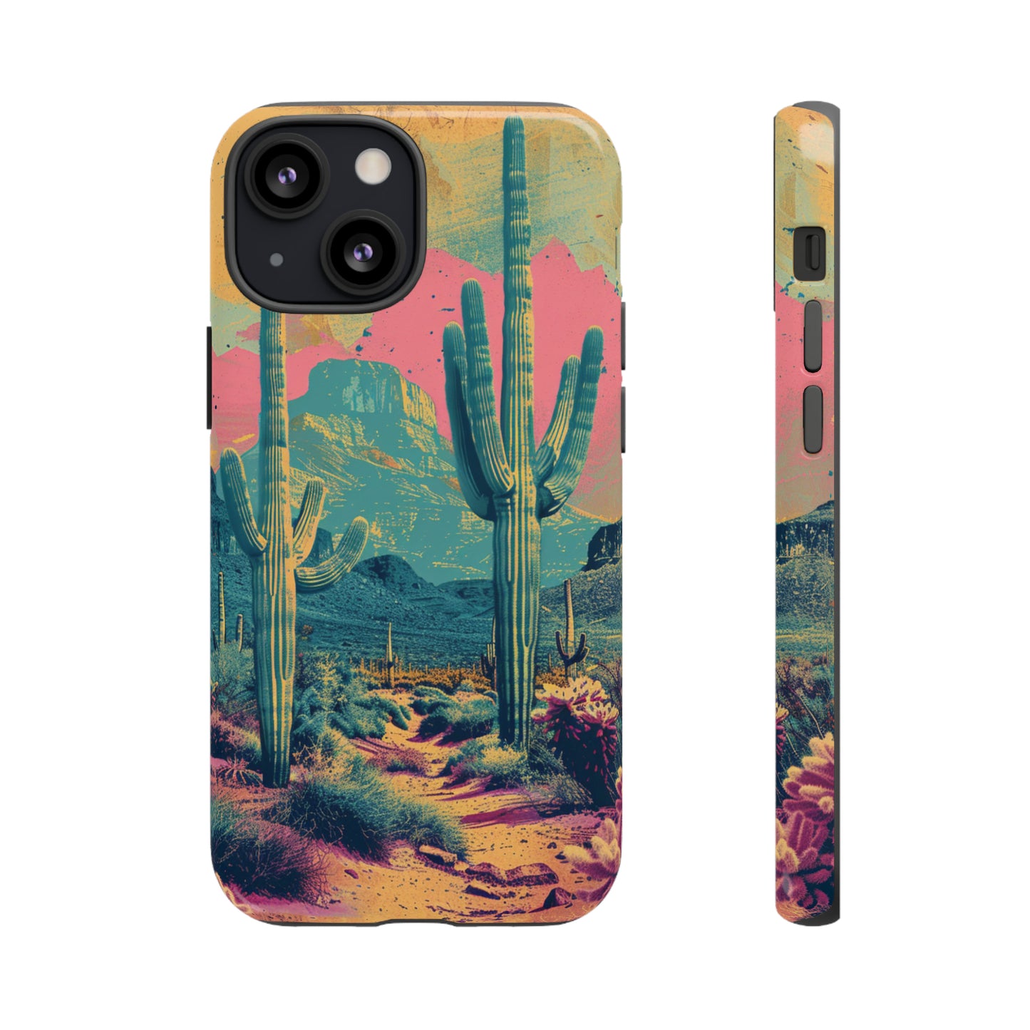 Desert Oasis Retro Cactus Phone Case - Vibrant Sunset Landscape for iPhone 15/14/13/12, Samsung S24/S23/S22/S21, & Google Pixel