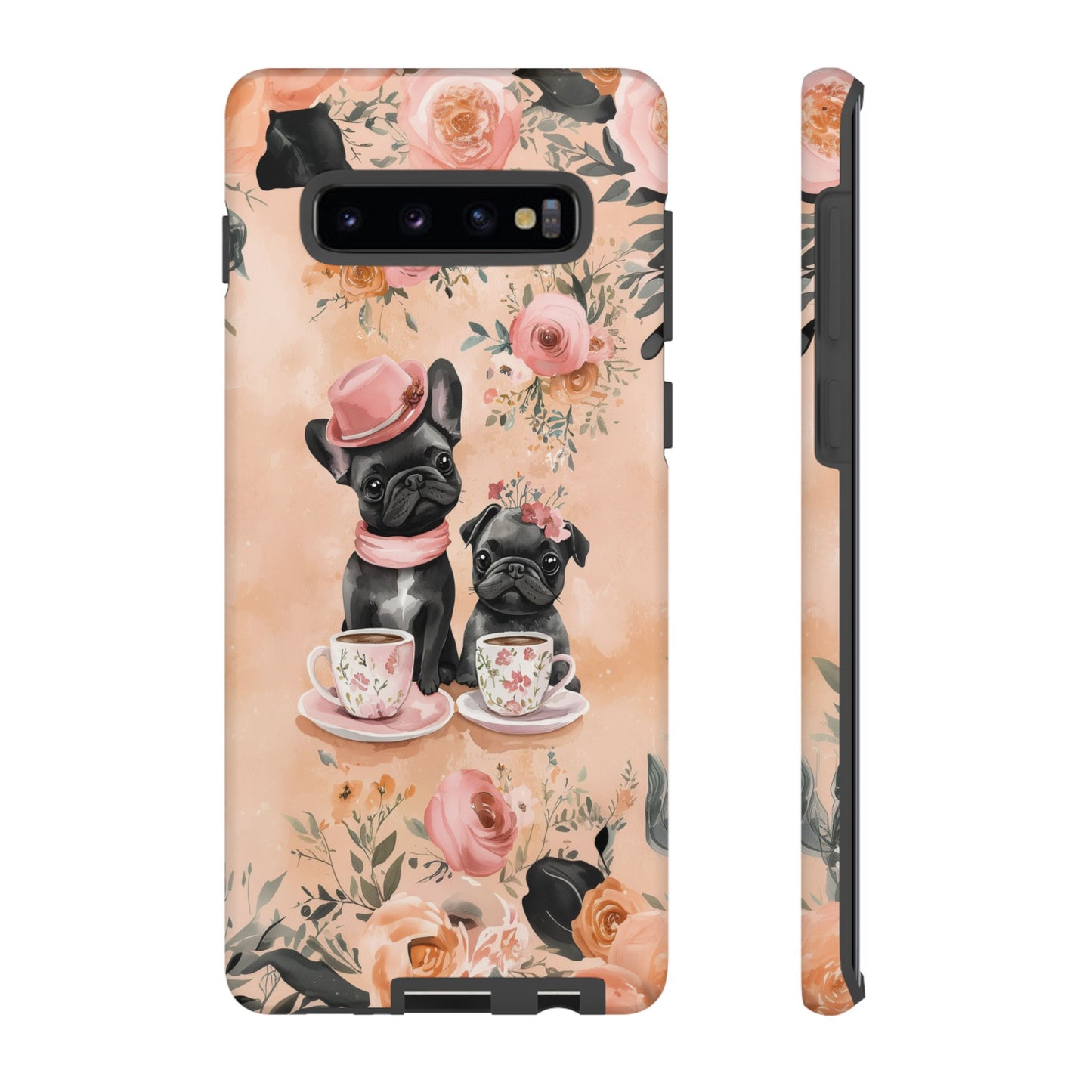 Floral French Bulldogs Samsung Galaxy Case – Elegant Dog Design with Tea Cups & Roses, Shockproof Protection - BOGO Cases