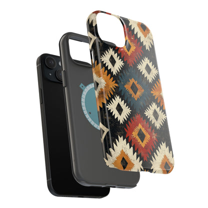 Rustic Tribal Sunburst Tough MagSafe iPhone Case – Vibrant Geometric Design, Dual-Layer Protection