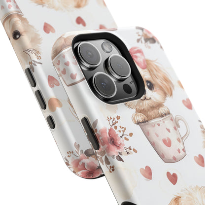 Cute Puppies in Heart MagSafe iPhone Case – Adorable Dog & Floral Design, Shockproof & Slim