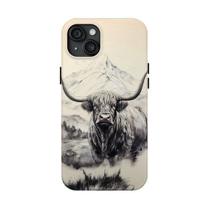 Highland Cow with Majestic Mountain Valley Backdrop | Western Cowgirl Phone Cases