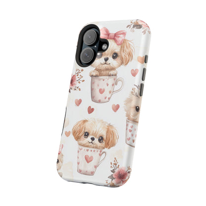 Cute Puppies in Heart MagSafe iPhone Case – Adorable Dog & Floral Design, Shockproof & Slim