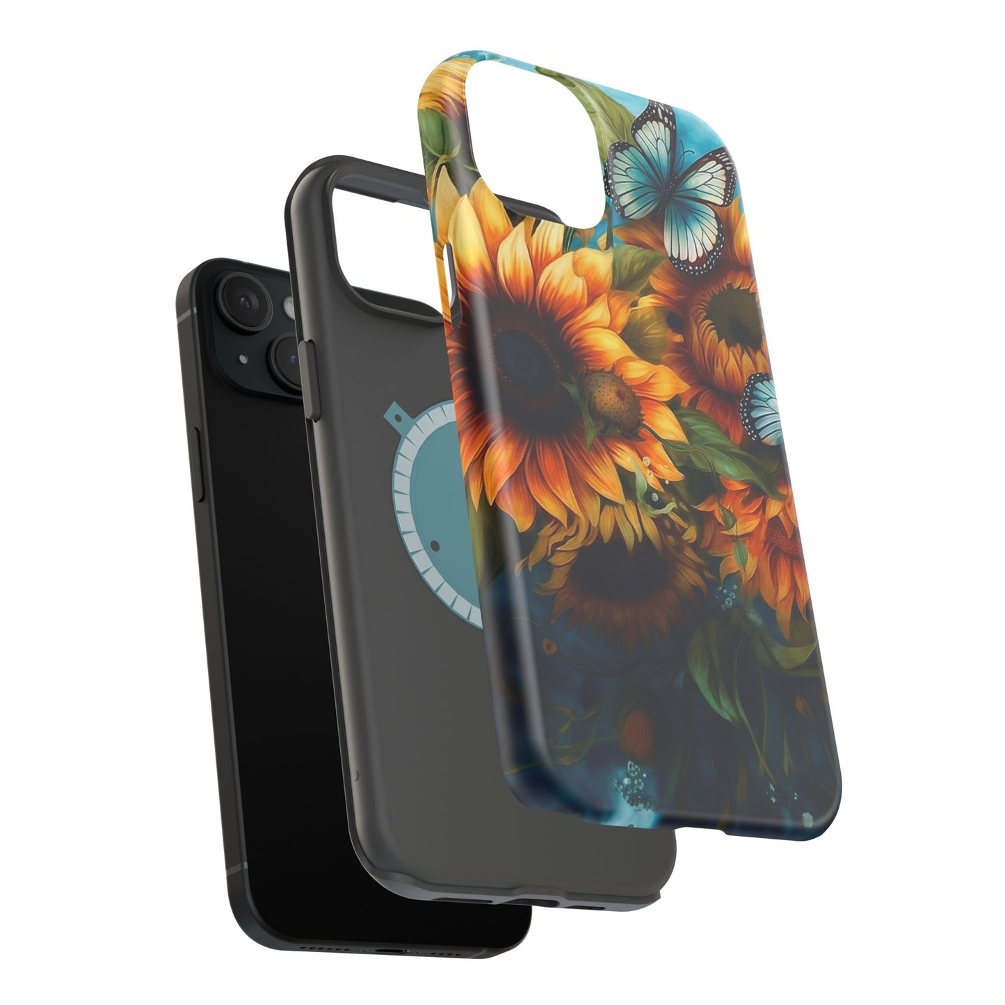 Aqua Blue Butterfly & Sunflower Art – MagSafe iPhone Case