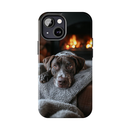 Cozy German Shorthaired Pointer iPhone Case – Rustic Fireplace Protective Cover