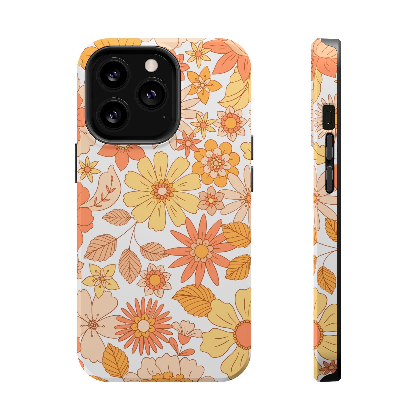 Vintage Floral Bloom MagSafe iPhone Case – Warm Orange & Yellow Retro Flower Design with Matte Finish