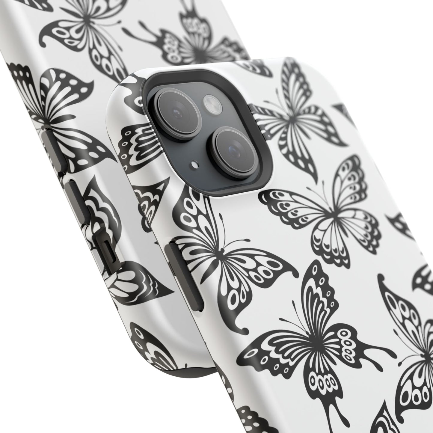 Monochrome Butterfly Pattern Tough MagSafe Case – Dual-Layer Protection with Matte Finish