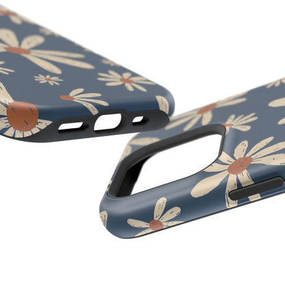 Vintage Daisies MagSafe iPhone Case – Navy Blue Floral Design, Scratch-Resistant with Shock-Absorbing Bumper