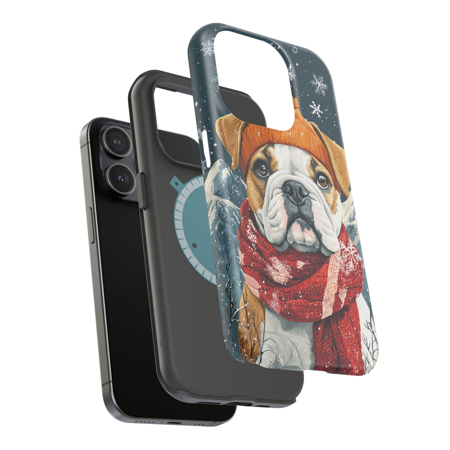 Cozy French Bulldog MagSafe iPhone Case – Rustic Fireplace Protective Cover