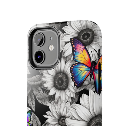 Rainbow Butterflies & Monochrome Sunflowers – iPhone Case