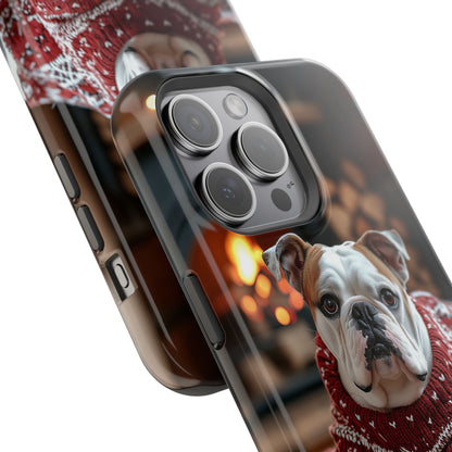 Cozy Bulldog in Sweater MagSafe iPhone Case – Festive Fireplace Protective Cover