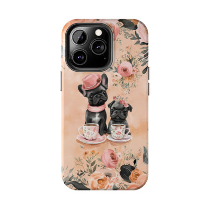 Floral French Bulldogs iPhone Case – Elegant Dog Design with Tea Cups & Roses, Shockproof Protection - BOGO Cases