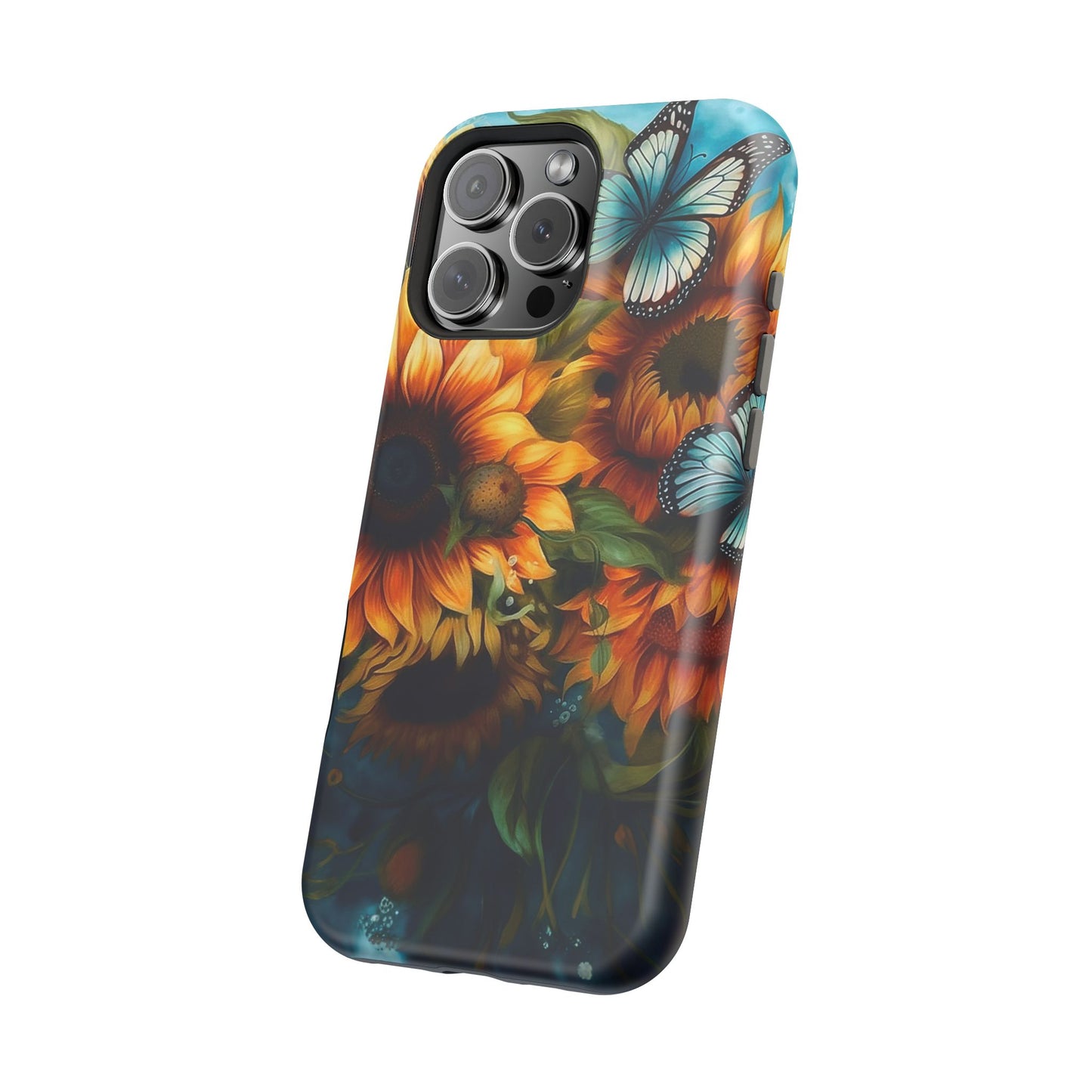 Aqua Blue Butterfly & Sunflower Art – MagSafe iPhone Case