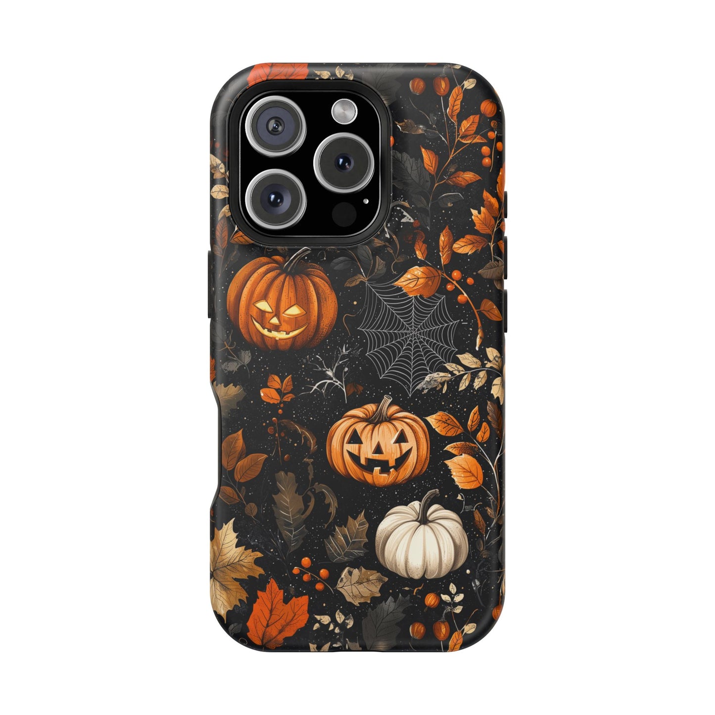 Elegant Halloween MagSafe iPhone Case – Pumpkin Jack-o'-Lanterns, Cobwebs & Autumn Foliage Design