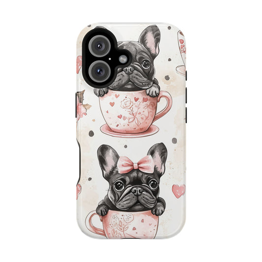 French Bulldogs in Teacups MagSafe iPhone Case – Cute Dog Design with Hearts & Bows, Shockproof & Slim