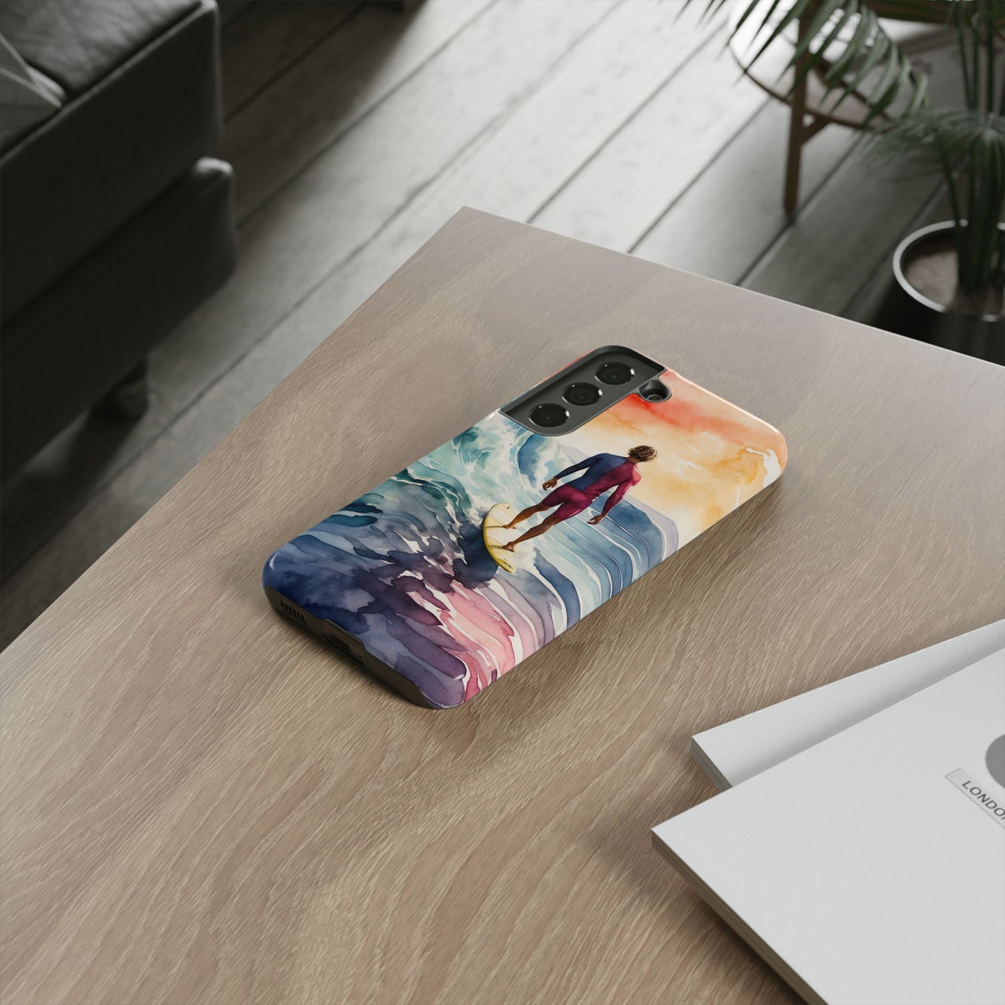 Surfer’s Sunset Wave Samsung Galaxy Case – Vibrant Watercolor Design