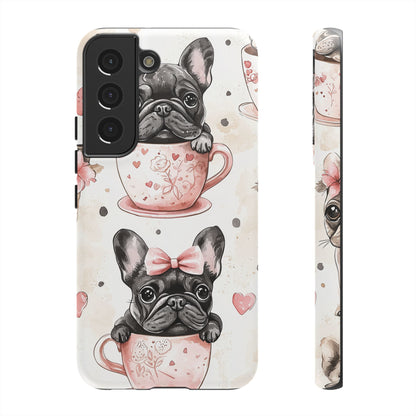 French Bulldogs in Teacups Samsung Galaxy Case – Cute Dog Design with Hearts & Bows, Shockproof & Slim