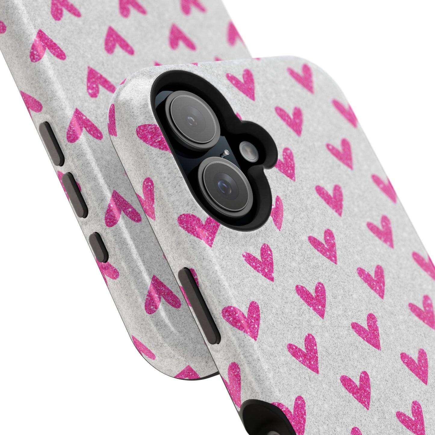 Pink Hearts on Glitter Silver – MagSafe iPhone Case