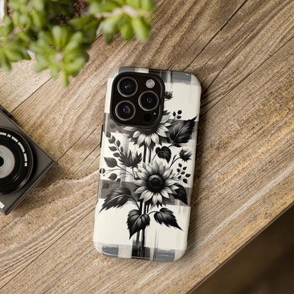 Black/White Sunflower Plaid Phone Case - Chic Noir Sunflower Plaid - Premium Protective Phone Case For iPhone, Samsung Galaxy, & Google. - BOGO Cases