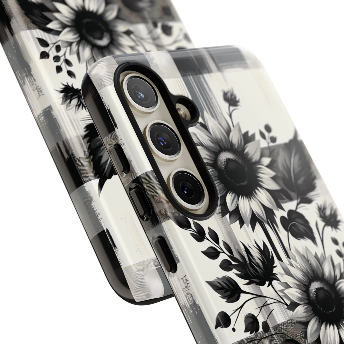 Black/White Sunflower Plaid Phone Case - Chic Noir Sunflower Plaid - Premium Protective Phone Case For iPhone, Samsung Galaxy, & Google. - BOGO Cases