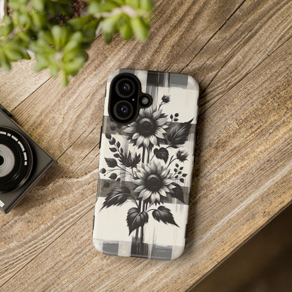 Black/White Sunflower Plaid Phone Case - Chic Noir Sunflower Plaid - Premium Protective Phone Case For iPhone, Samsung Galaxy, & Google. - BOGO Cases