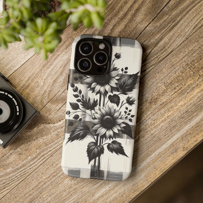 Black/White Sunflower Plaid Phone Case - Chic Noir Sunflower Plaid - Premium Protective Phone Case For iPhone, Samsung Galaxy, & Google. - BOGO Cases