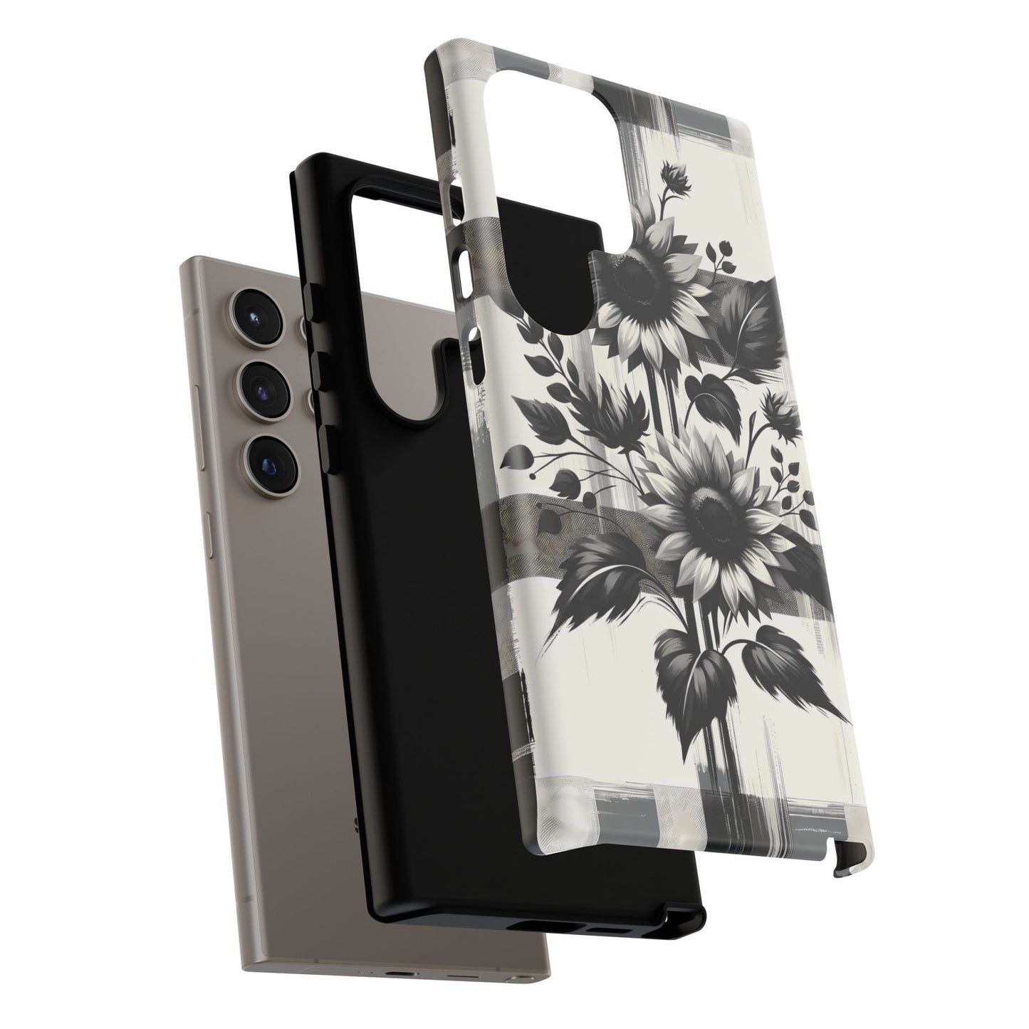 Black/White Sunflower Plaid Phone Case - Chic Noir Sunflower Plaid - Premium Protective Phone Case For iPhone, Samsung Galaxy, & Google. - BOGO Cases