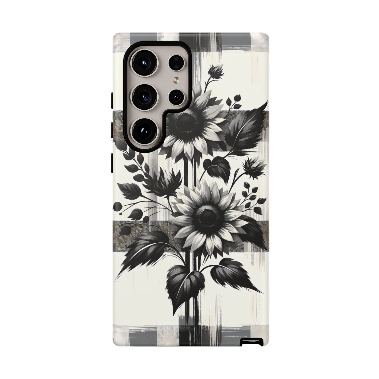 Black/White Sunflower Plaid Phone Case - Chic Noir Sunflower Plaid - Premium Protective Phone Case For iPhone, Samsung Galaxy, & Google. - BOGO Cases