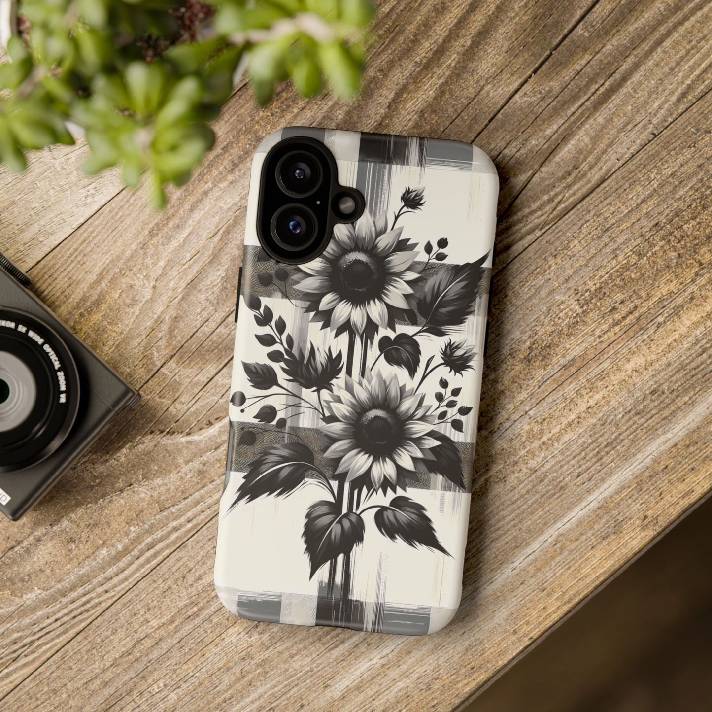 Black/White Sunflower Plaid Phone Case - Chic Noir Sunflower Plaid - Premium Protective Phone Case For iPhone, Samsung Galaxy, & Google. - BOGO Cases