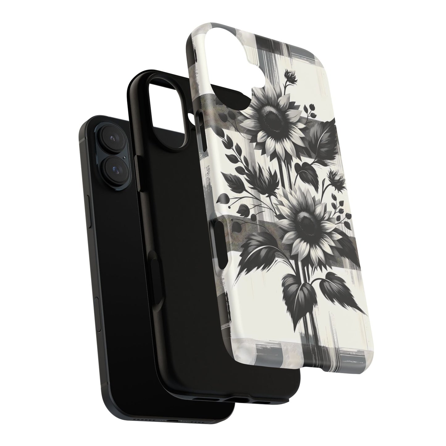 Black/White Sunflower Plaid Phone Case - Chic Noir Sunflower Plaid - Premium Protective Phone Case For iPhone, Samsung Galaxy, & Google. - BOGO Cases