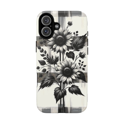 Black/White Sunflower Plaid Phone Case - Chic Noir Sunflower Plaid - Premium Protective Phone Case For iPhone, Samsung Galaxy, & Google. - BOGO Cases