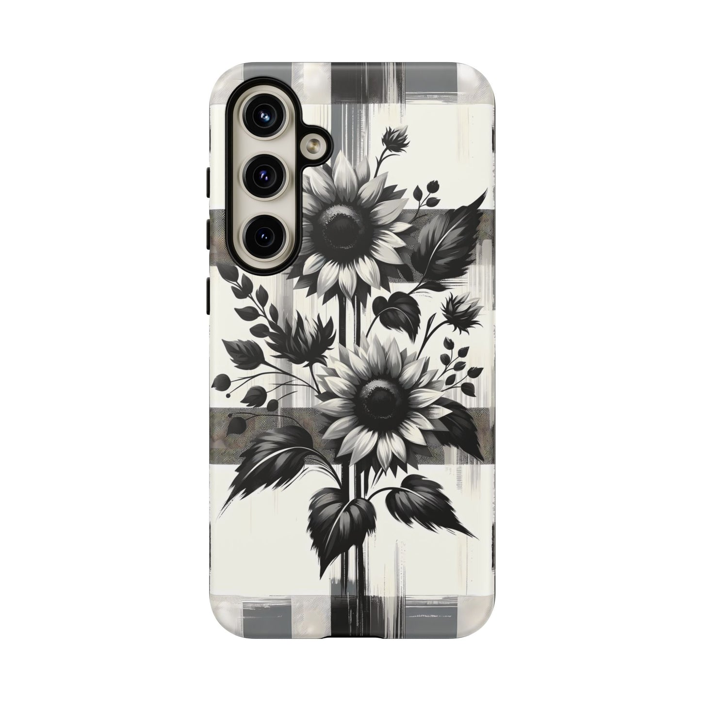 Black/White Sunflower Plaid Phone Case - Chic Noir Sunflower Plaid - Premium Protective Phone Case For iPhone, Samsung Galaxy, & Google. - BOGO Cases