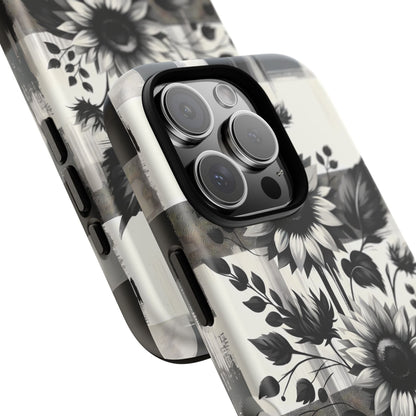 Black/White Sunflower Plaid Phone Case - Chic Noir Sunflower Plaid - Premium Protective Phone Case For iPhone, Samsung Galaxy, & Google. - BOGO Cases