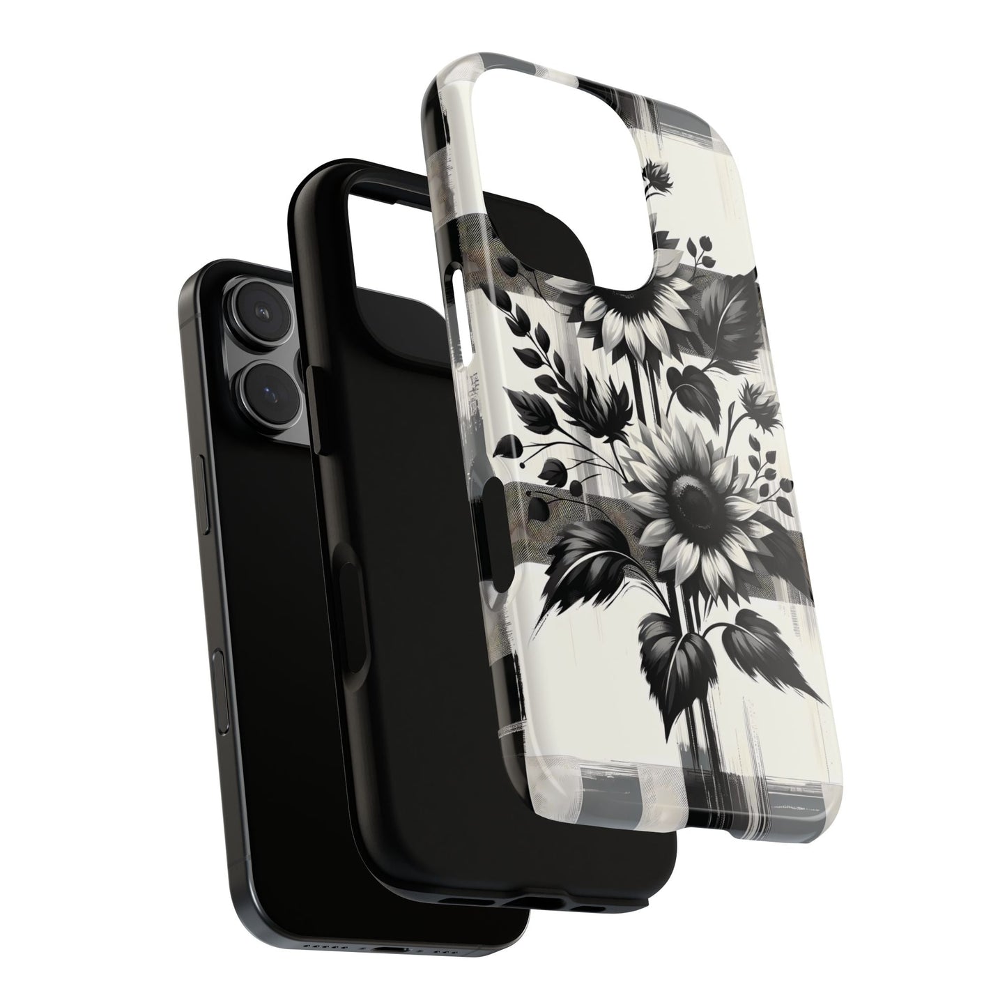 Black/White Sunflower Plaid Phone Case - Chic Noir Sunflower Plaid - Premium Protective Phone Case For iPhone, Samsung Galaxy, & Google. - BOGO Cases