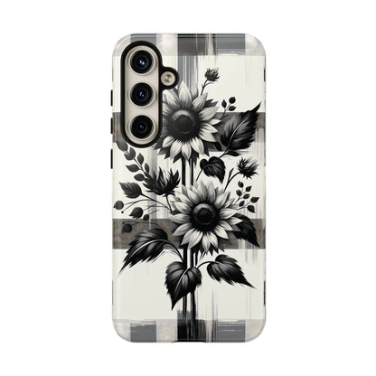 Black/White Sunflower Plaid Phone Case - Chic Noir Sunflower Plaid - Premium Protective Phone Case For iPhone, Samsung Galaxy, & Google. - BOGO Cases